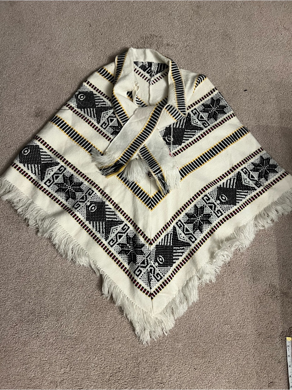 White Incan Fringed Poncho with Black Geometric Fish and Star Border